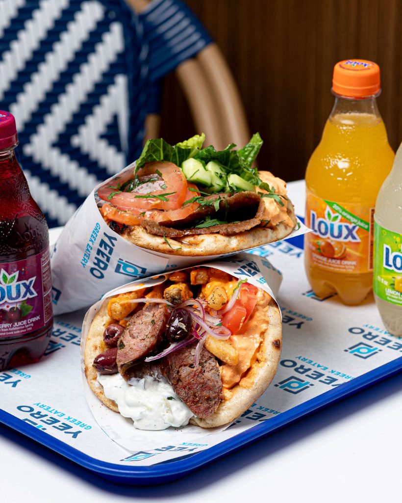 Two Yeero pitas with drinks ready for pickup